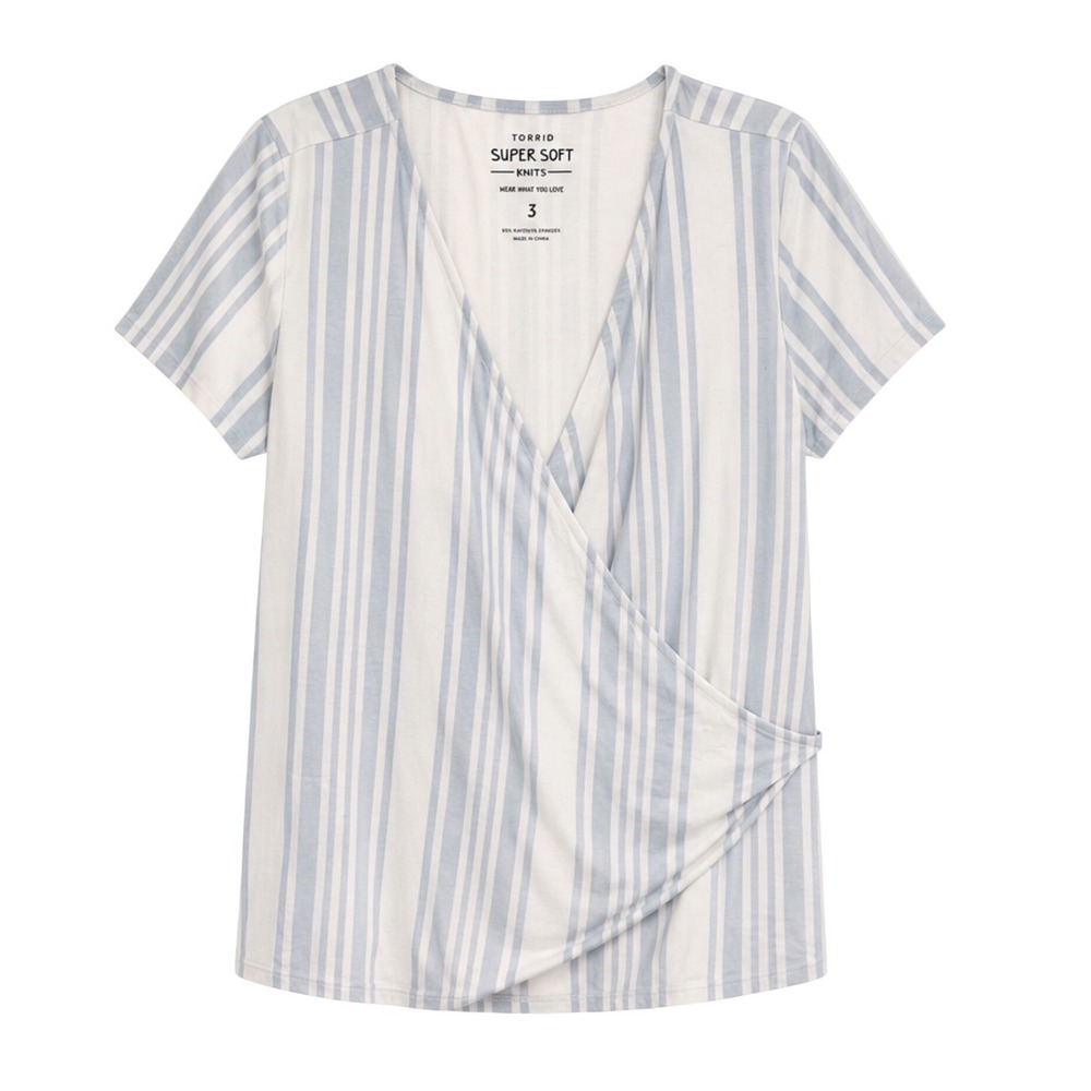 Torrid Super Soft Knits Blue White Stripe Faux Wrap Top Size 3 3X 22-24 12782890